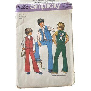 70s Simplicity 7023 Boys Vest Jeans Sewing Pattern Size 4 Applique Transfer CUT